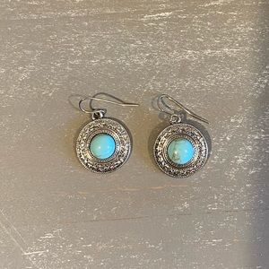 Silver Plated Turquoise Disc Vintage Earrings Country Style Boho